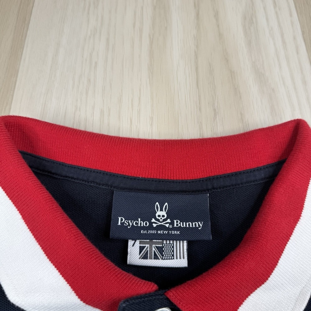 Psycho Bunny Polo Shirt Pima Cotton Skull Bunny Logo Striped Trim Size 7 Navy - Picture 3 of 10